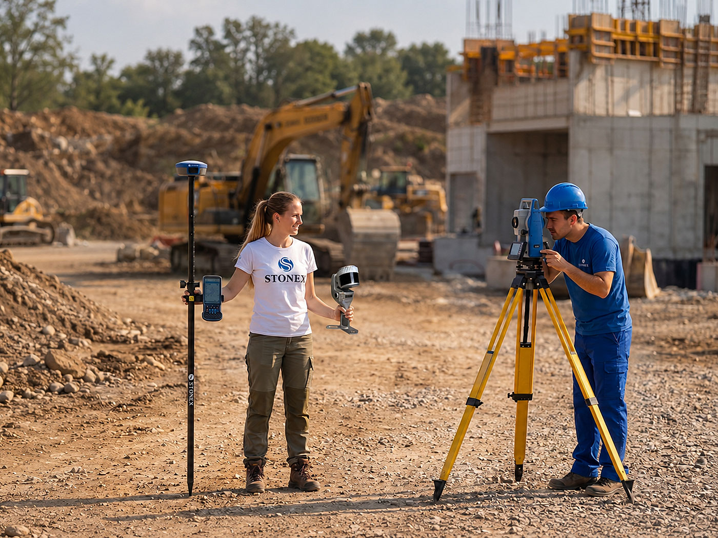 Geodeti sa STONEX GNSS RTK prijemnikom, ručnim skenerom i totalnom stanicom na gradilištu