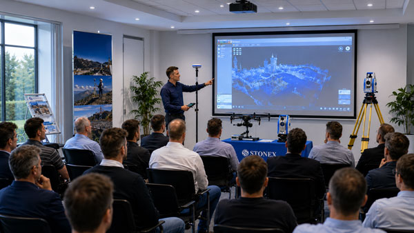 Predavač drži seminar publici uz prikaz 3D modela na projekciji