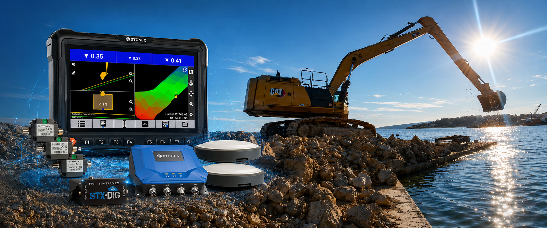 STX-DIG sustav s CAT bagerom — Stonex tablet, GNSS prijemnici i STX-DIG kontroler na terenu