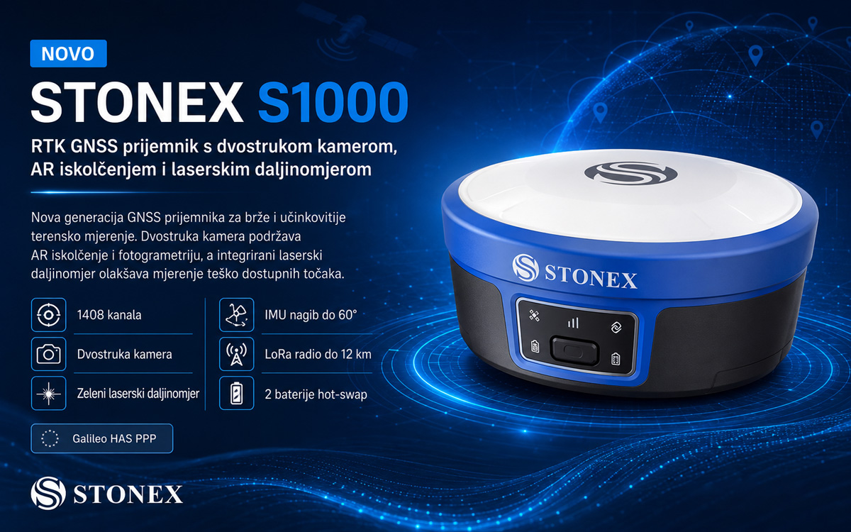 NOVO: Stonex S1000 RTK GNSS prijemnik s laserskim daljinomjerom i kamerama za AR iskolčenje i fotogrametriju