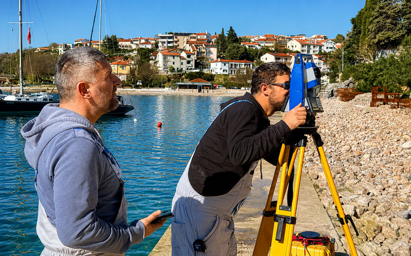 Geodeti tijekom izmjere totalnom stanicom uz more