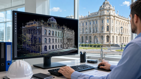 Monitor prikazuje 3D oblak točaka povijesne palače tijekom modeliranja postojećeg stanja