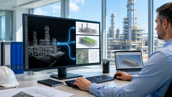 Monitor prikazuje oblak točaka postrojenja koji se grana u CAD, BIM i GIS modele