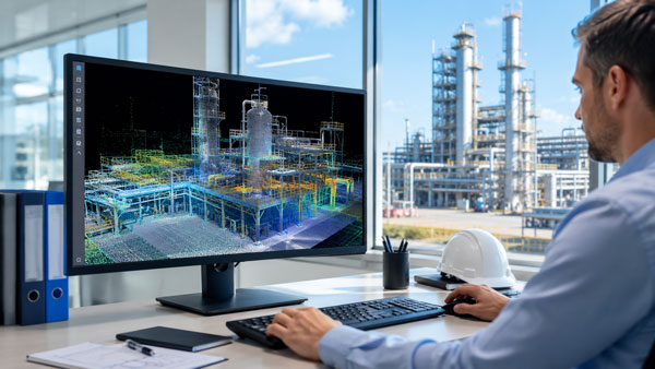 Geodet obrađuje obojani oblak točaka industrijskog postrojenja na monitoru 3D softvera