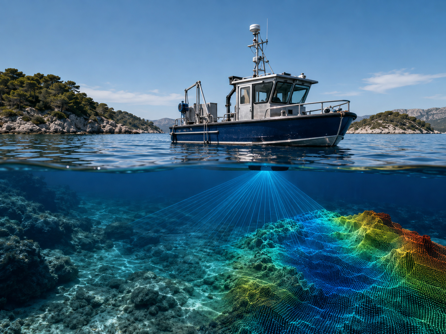 Hidrografsko plovilo na mirnom moru uz otok, s višesnopnim (multibeam) dubinomjerom koji skenira morsko dno prikazano kao raznobojni 3D model batimetrije