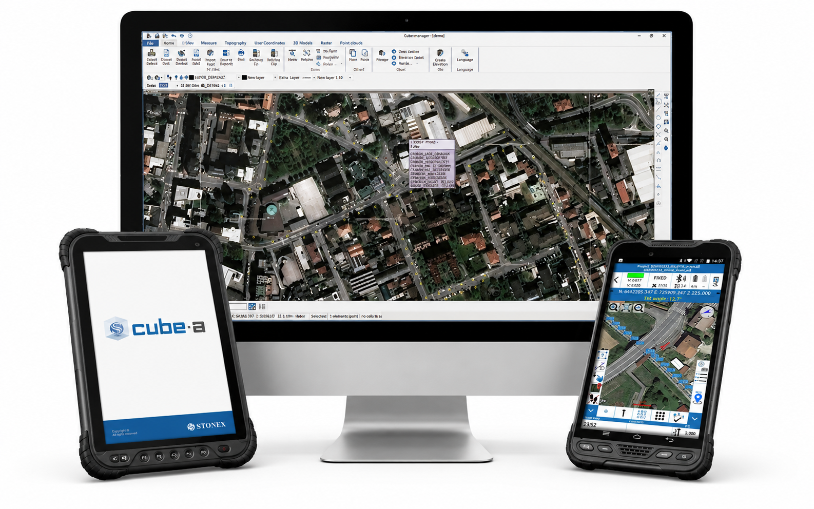STONEX Cube-manager uredski softver na monitoru te terenski softver Cube-a na dva rugged Android tableta