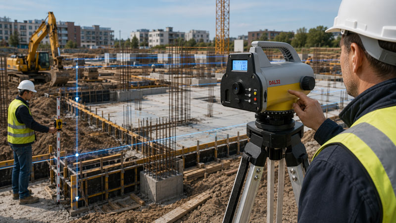 Geodet nivelirom kontrolira visine temelja na gradilištu