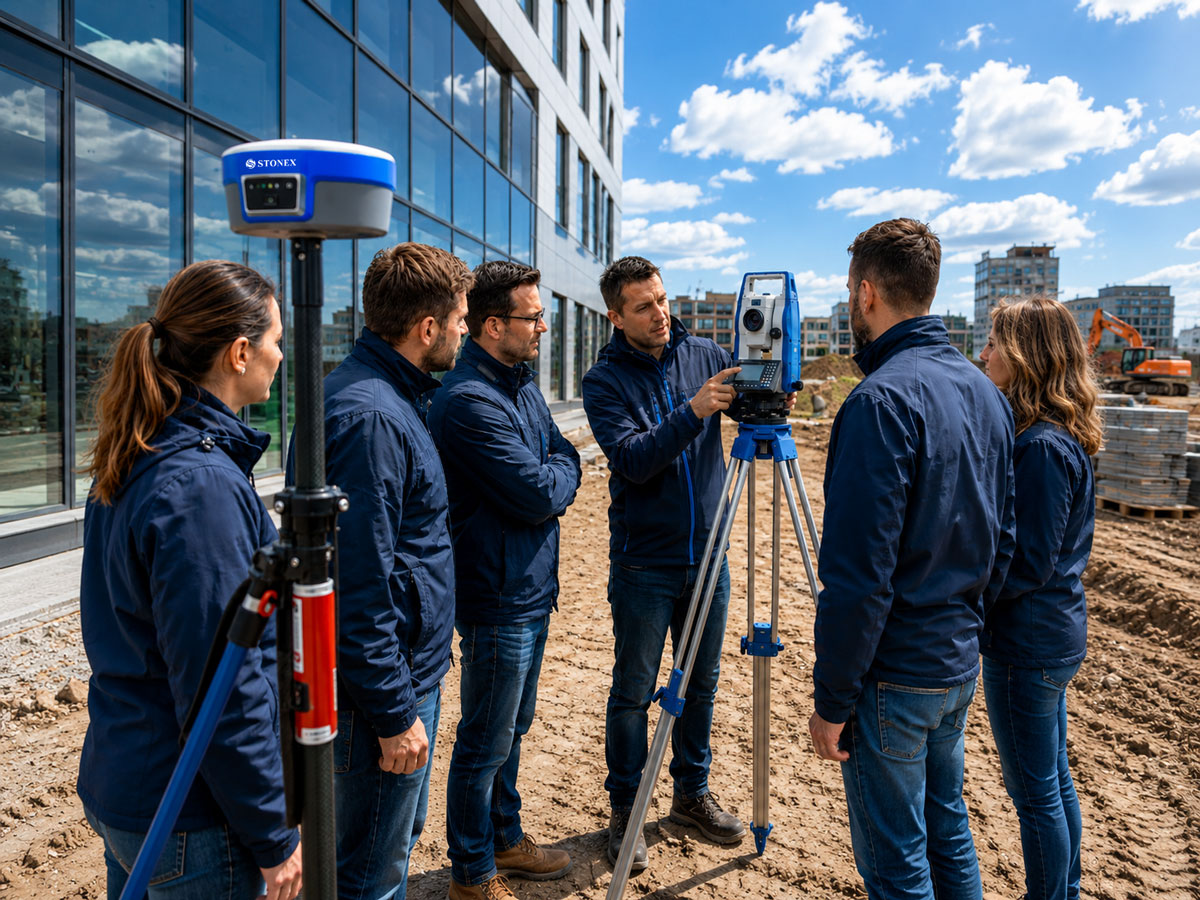 Geodetski tim u terenskim jaknama okupljen oko totalne stanice na stativu uz STONEX GNSS prijemnik na gradilištu