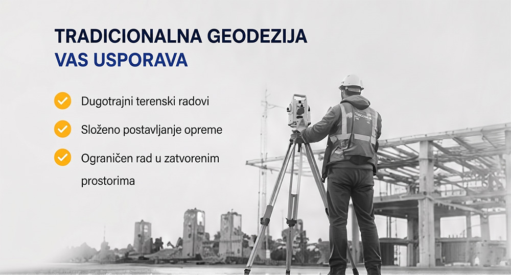 Tradicionalna geodezija vas usporava — dugotrajni terenski radovi i složeno postavljanje opreme