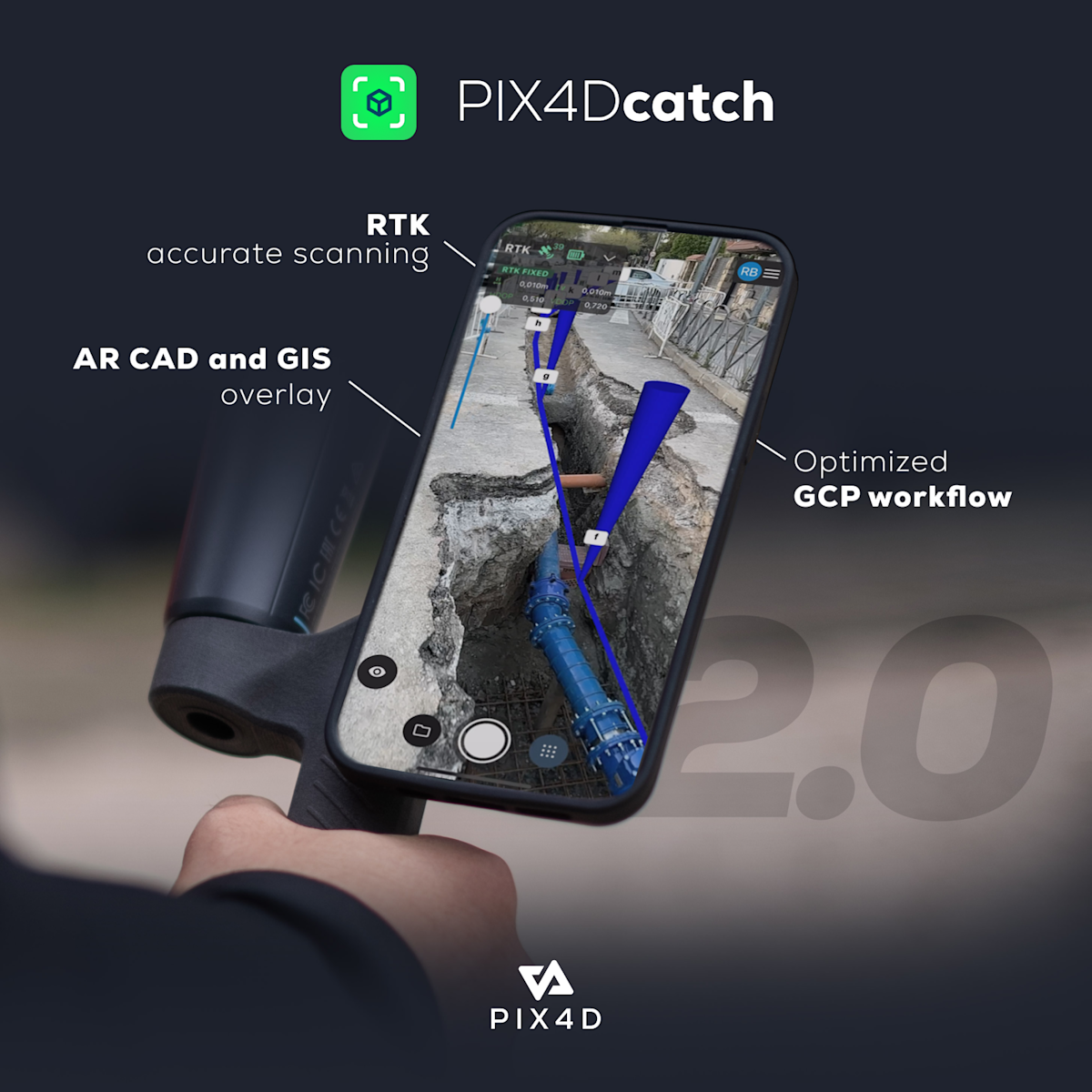 PIX4Dcatch aplikacija na mobitelu s RTK prijamnikom i AR prikazom instalacija
